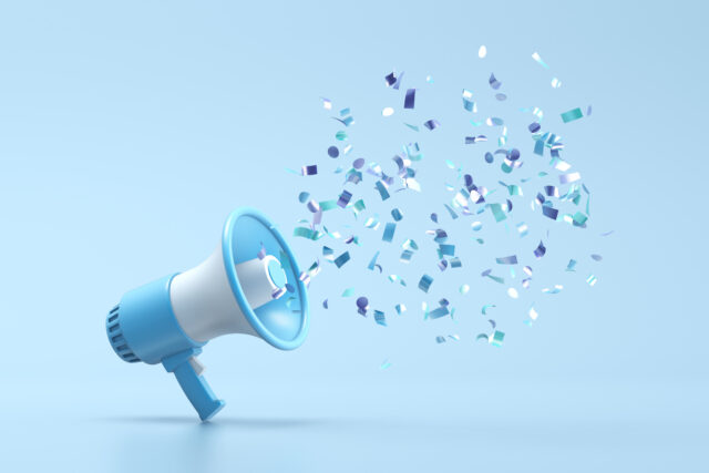 Blue megaphone with shiny confetti on a blue background. 3d illustration